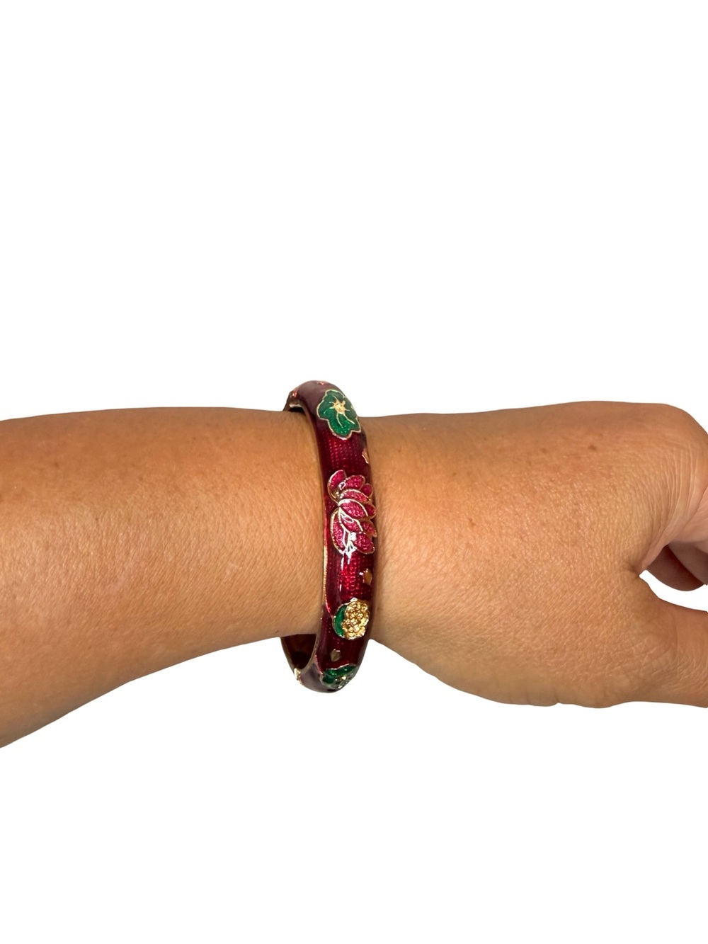 Jiu Long Xing Bengal Red Cloisonne Enamel Lotus Floral Hinged Bangle Bracelet - Picture 3 of 8